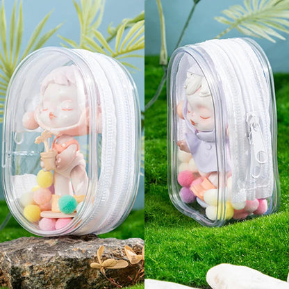 Open clear PVC pouch showing interior space for mini plush dolls