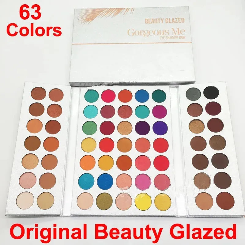 63-color eyeshadow palette showing various shades in a rectangular tray