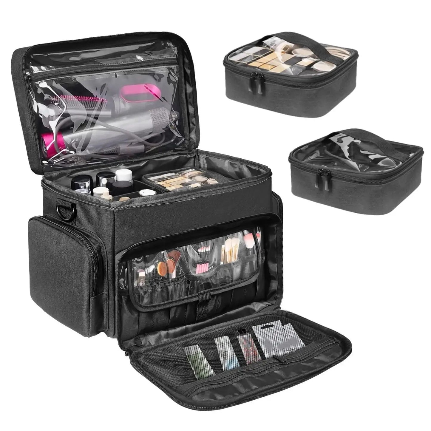 Cosmetic bag with handle shown closed from front perspective