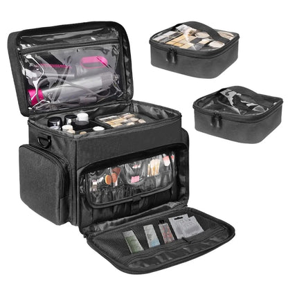 Cosmetic bag with handle shown closed from front perspective