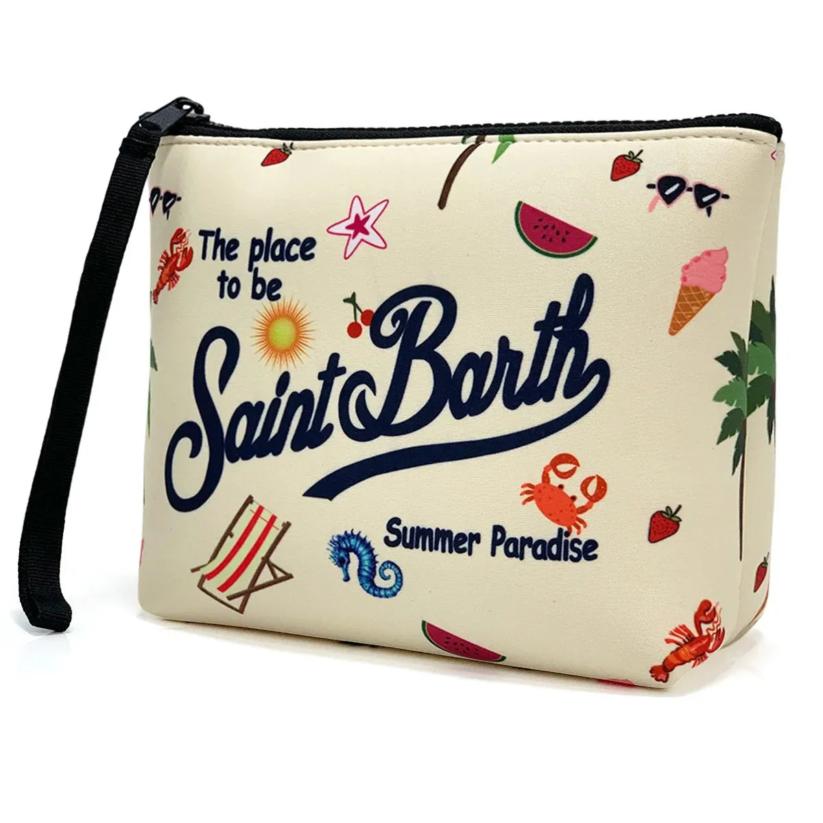 Open view displaying interior of the canvas clutch bag