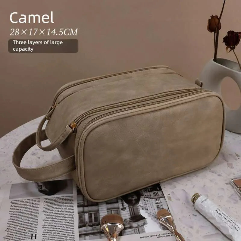 Closed travel makeup bag showing exterior design and portable handle