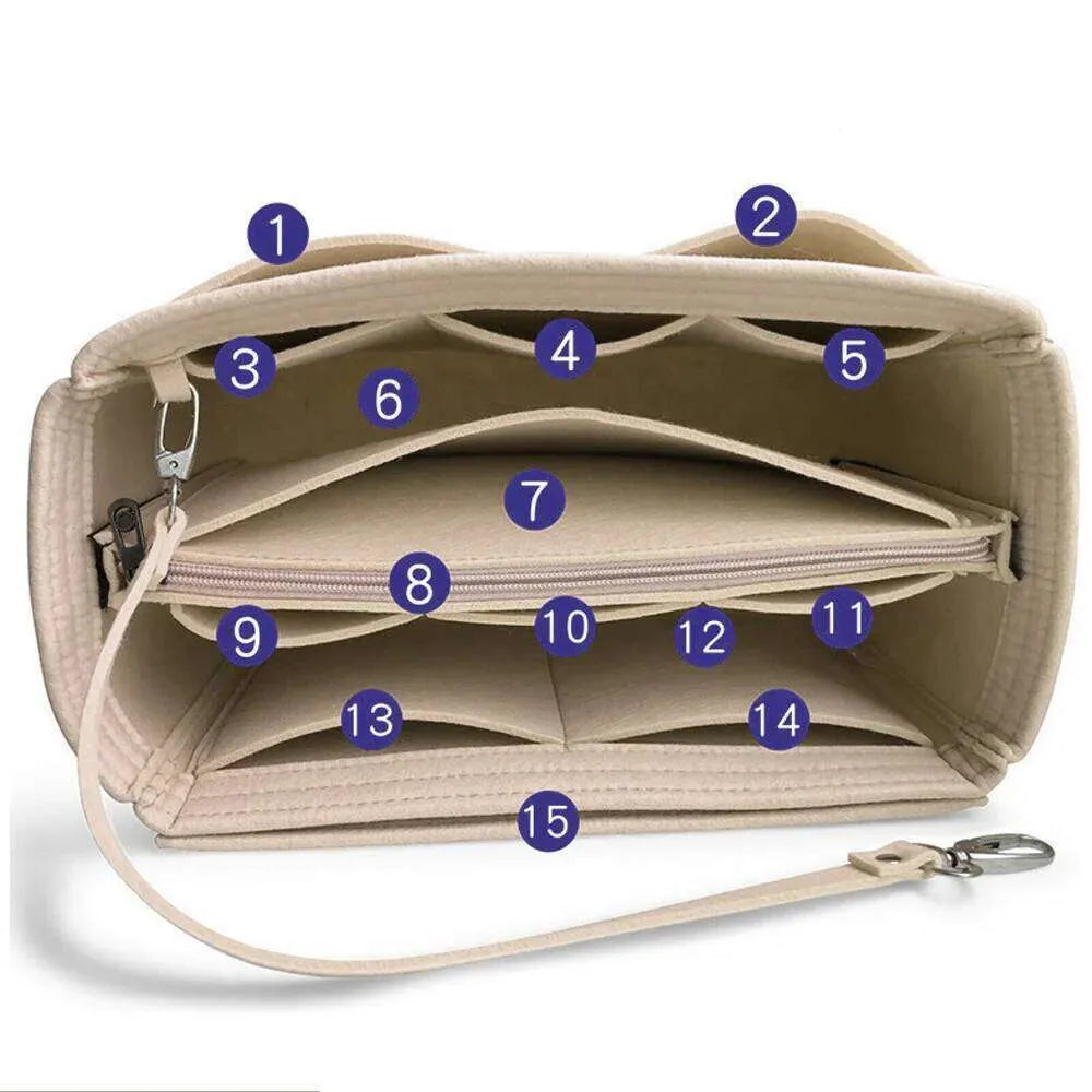 Red portable cosmetic insert fitting inside a handbag