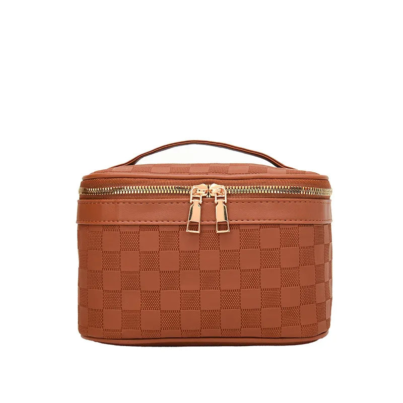 Checkered pattern cosmetic bag with zipper closure