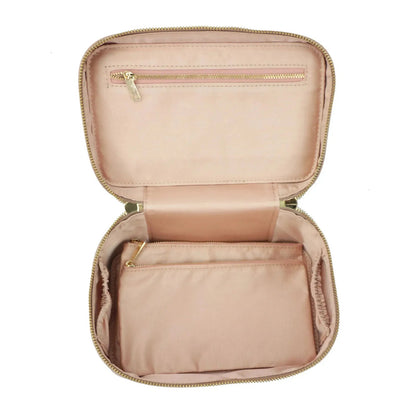 Open view of hanging toiletry case showing interior organizer compartments