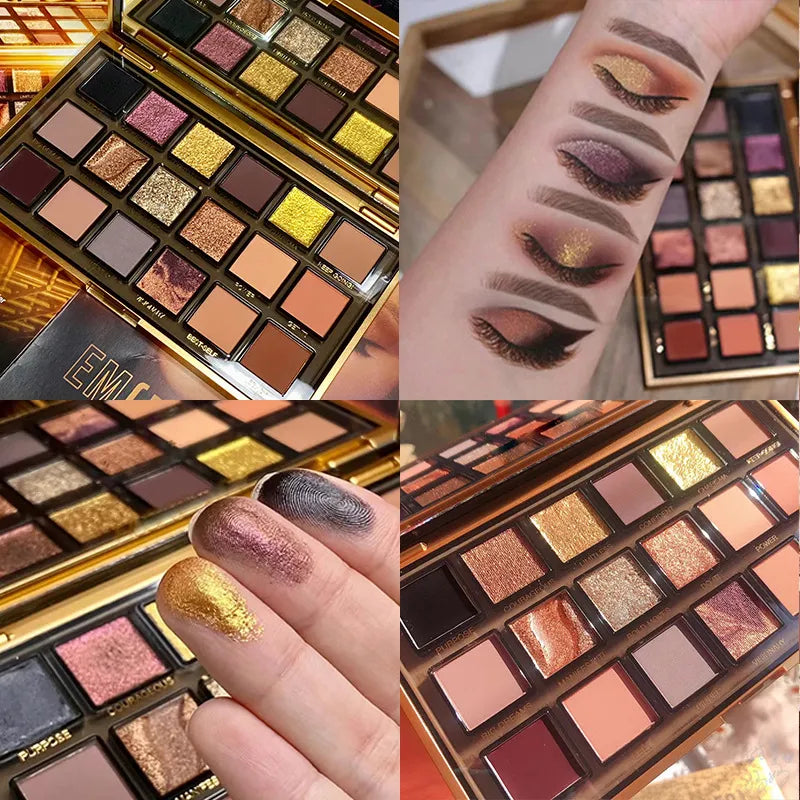Close-up view of eyeshadow pans with shimmer and matte textures