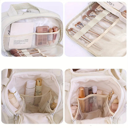 Interior view showing multiple compartments of the cosmetic storage bag