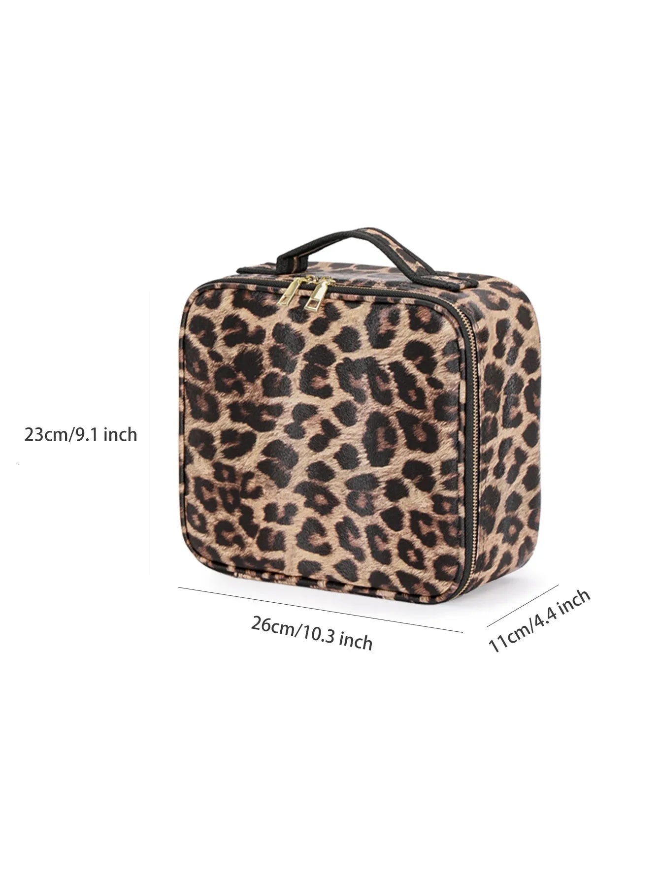Close-up view of makeup bag with illuminated mirror and LED light settings