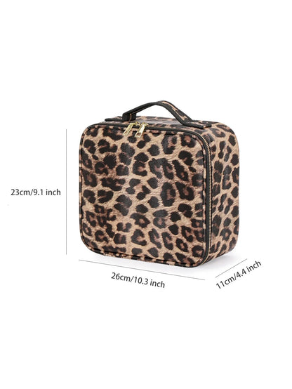 Close-up view of makeup bag with illuminated mirror and LED light settings