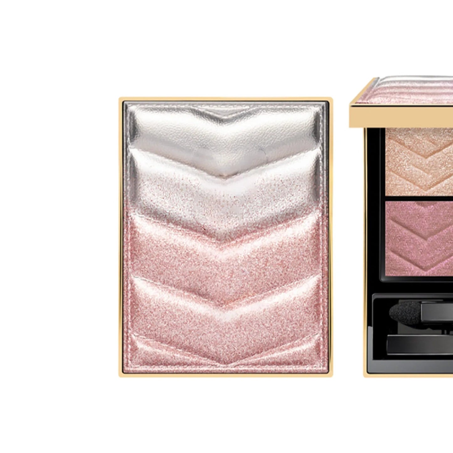 Four-color eyeshadow palette with pink star shimmer design showing matte and glitter finishes