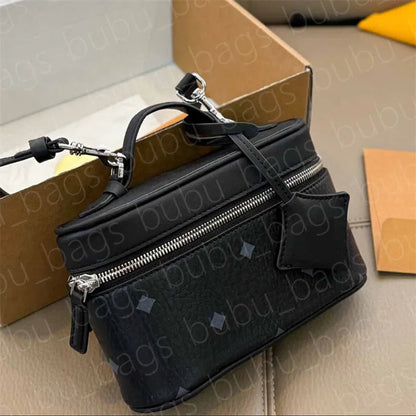 Leather cosmetic bag with zipper closure in black color