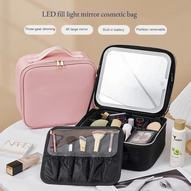 Front view of illuminated makeup case with LED lights on