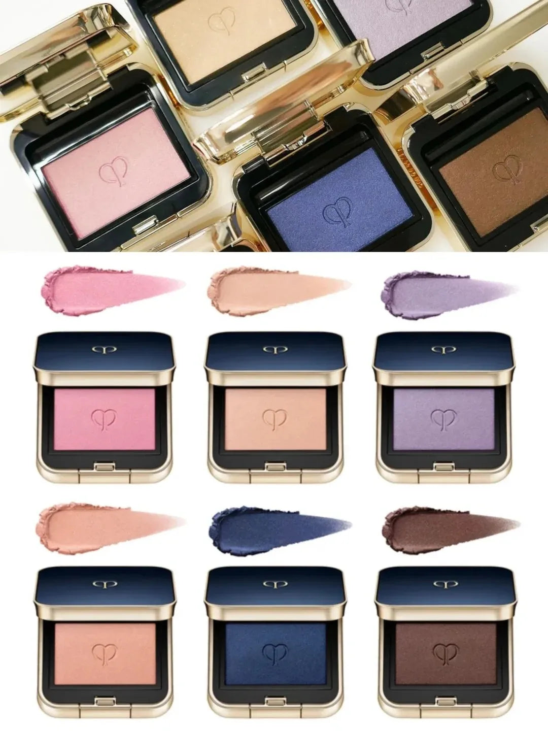 Six-color eyeshadow palette showing matte and shimmer finishes