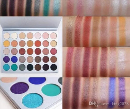 Open 35-color eyeshadow palette showing matte and shimmer shades