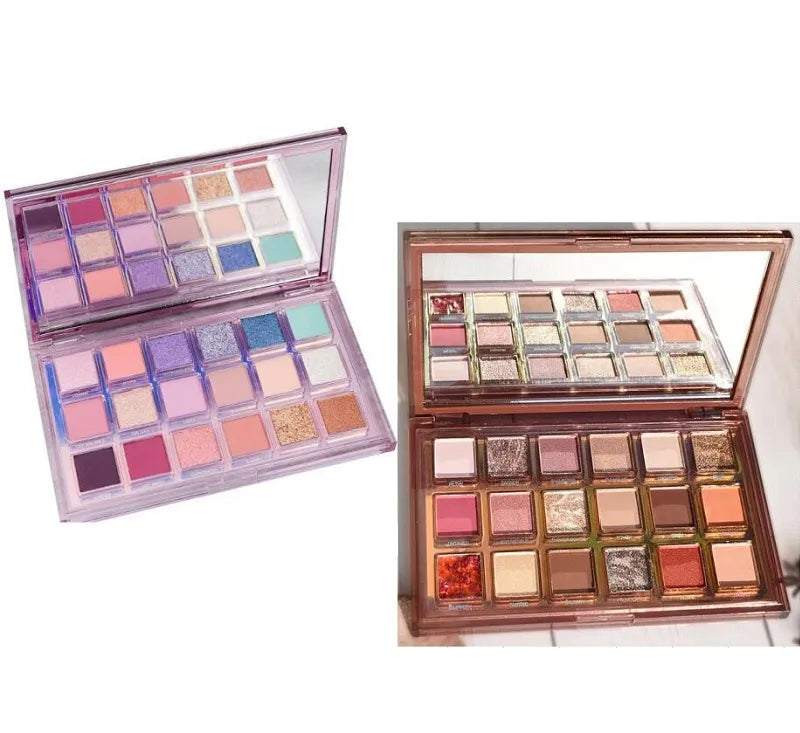 18-color eyeshadow palette showing rose gold and nude shades