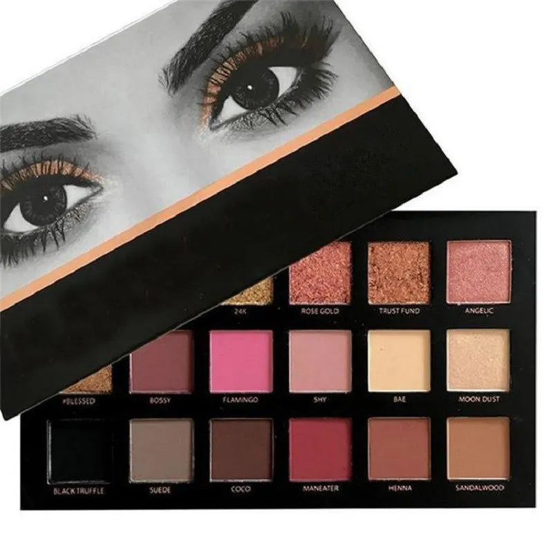 Close-up view of matte and shimmer eyeshadow finishes in the palette