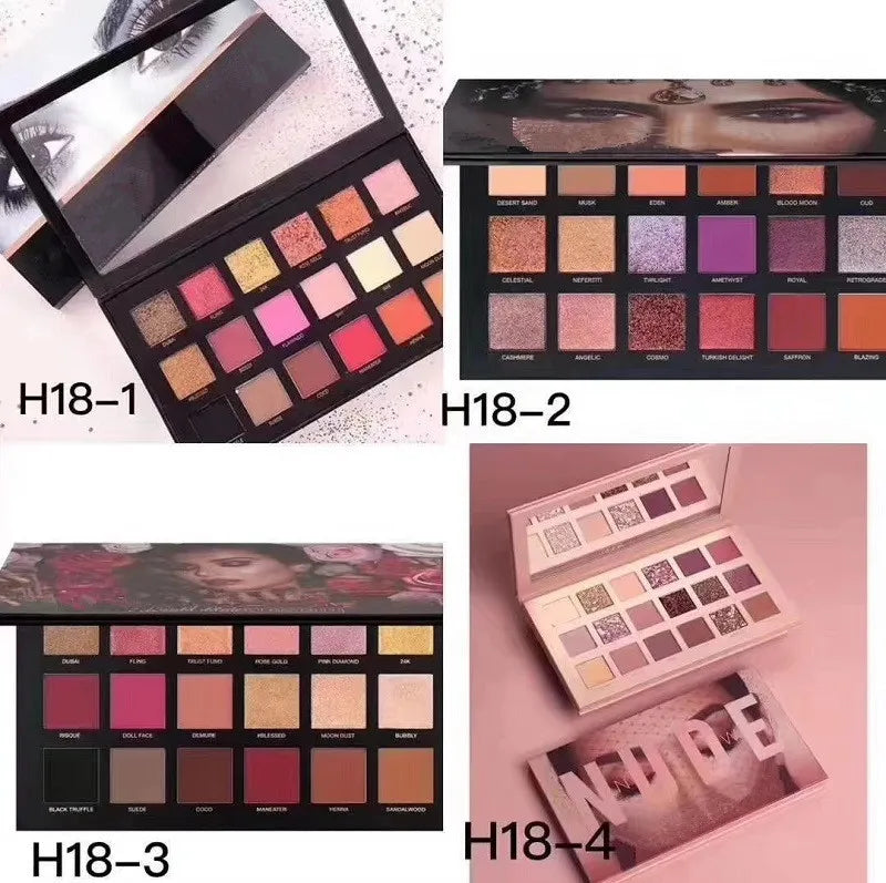 Close-up view of matte and shimmer eyeshadow finishes in the palette