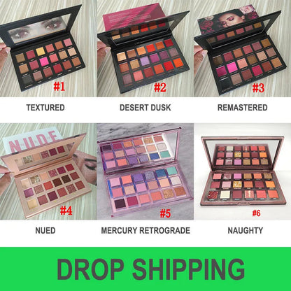 Open 18-color eyeshadow palette showing matte and shimmer shades