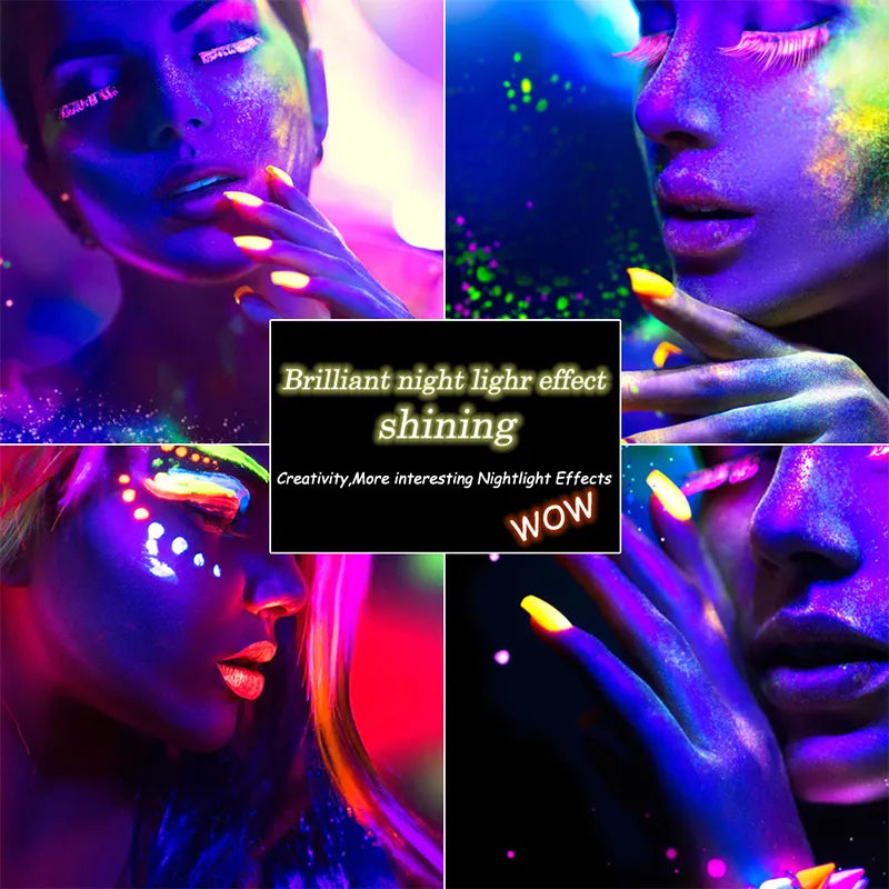 Open eyeshadow palette showing 12 fluorescent neon colors