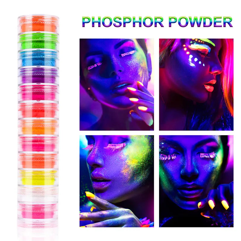 Open eyeshadow palette showing 12 fluorescent neon colors
