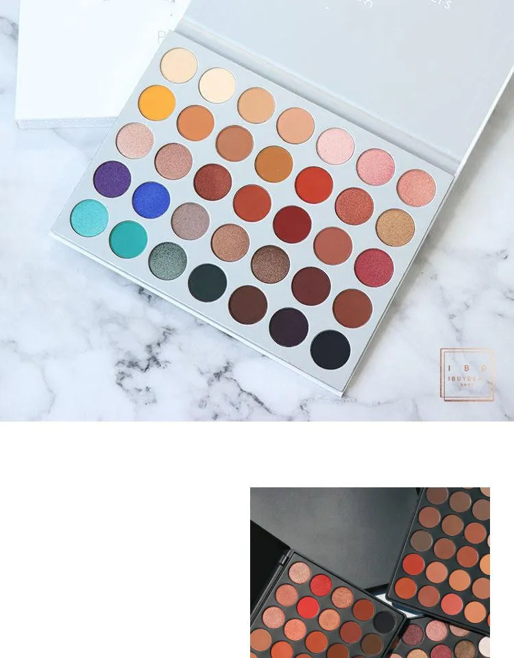 Open 35-color eyeshadow palette showing matte and shimmer shades