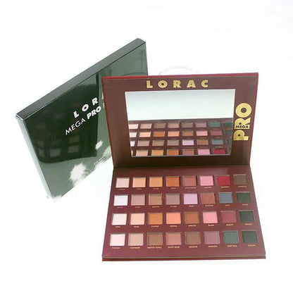 Eyeshadow palette open with 32 shades arranged in rows for easy selection