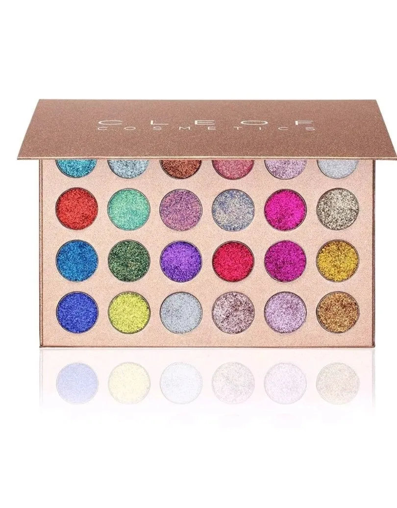Open eyeshadow palette showing 24 glitter shades in organized layout