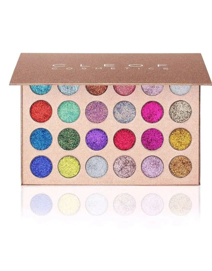 Open eyeshadow palette showing 24 glitter shades in organized layout