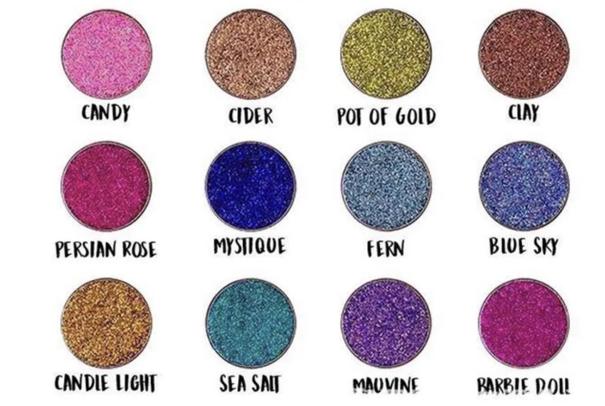 Close-up view of pressed powder eyeshadow with glitter particles visible