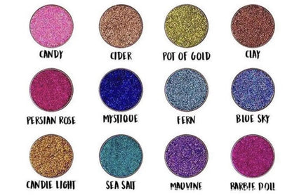 Close-up view of pressed powder eyeshadow with glitter particles visible