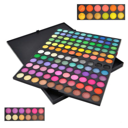 Professional makeup palette showing organized layout of 120 eyeshadow and blush colors