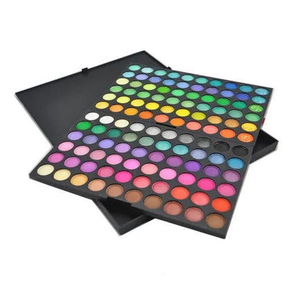 Professional makeup palette showing organized layout of 120 eyeshadow and blush colors