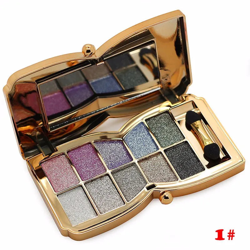 Front view of 10-color gold smoky eyeshadow palette with glitter finishes