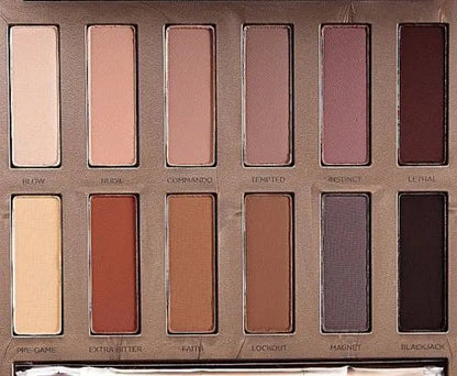 Eyeshadow palette with open lid displaying all 12 matte colors