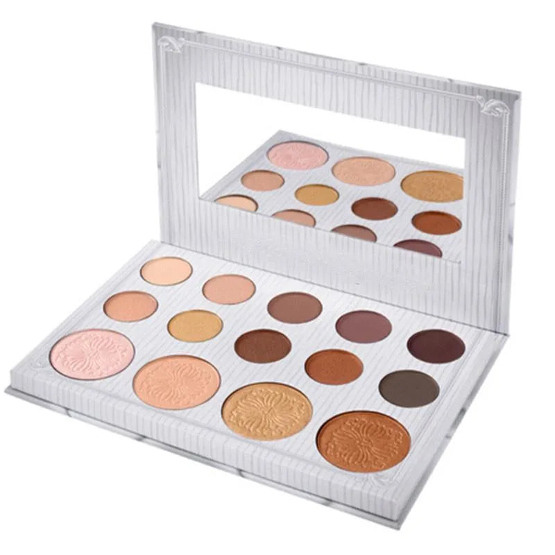 14-color eyeshadow and highlighter palette with open lid showing shades