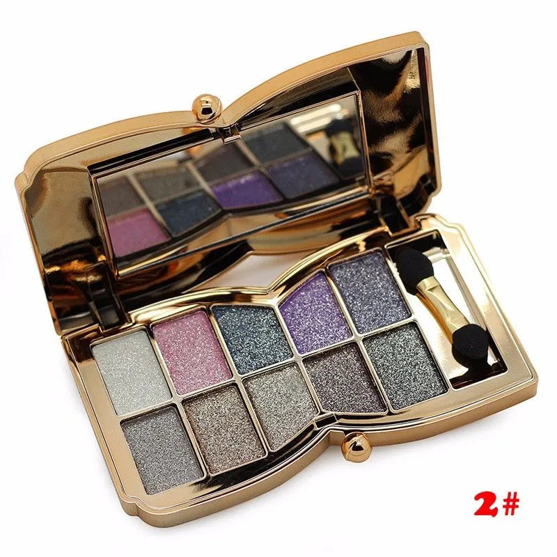 Open palette showing 10 complementary gold-toned eyeshadow shades