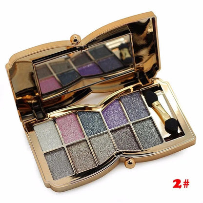 Open palette showing 10 complementary gold-toned eyeshadow shades