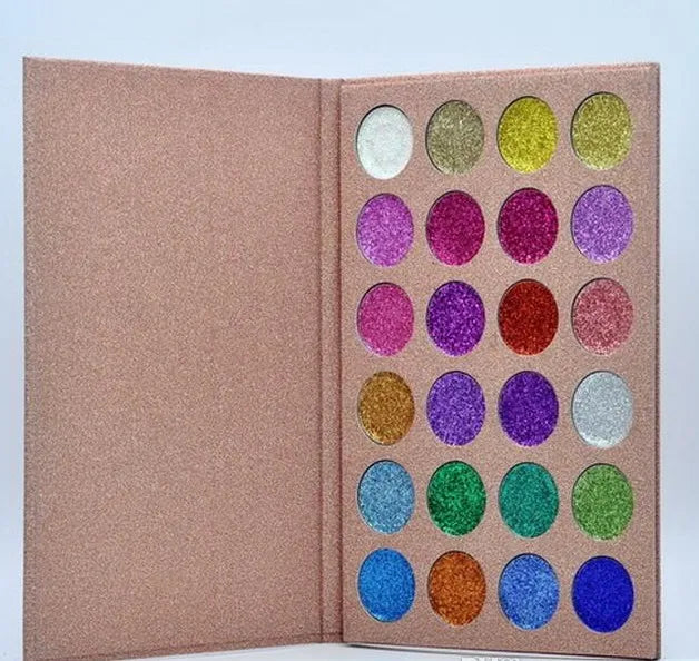 Open eyeshadow palette showing 24 glitter shades in organized layout