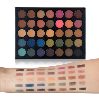 35-color eyeshadow palette with matte and shimmer shades displayed open