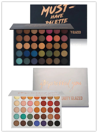 35-color eyeshadow palette with matte and shimmer shades displayed open