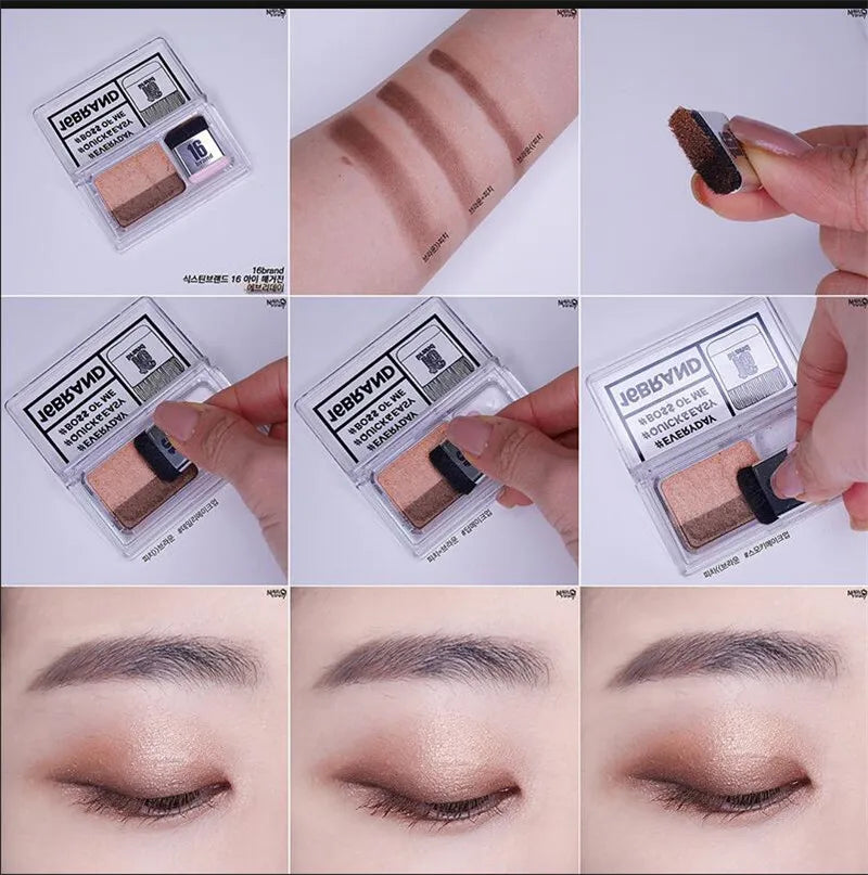 Close-up view of eyeshadow palette showing smooth texture and integrated brush