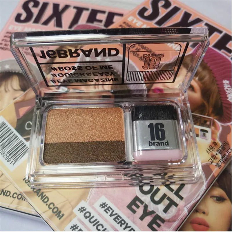 Close-up view of eyeshadow palette showing smooth texture and integrated brush