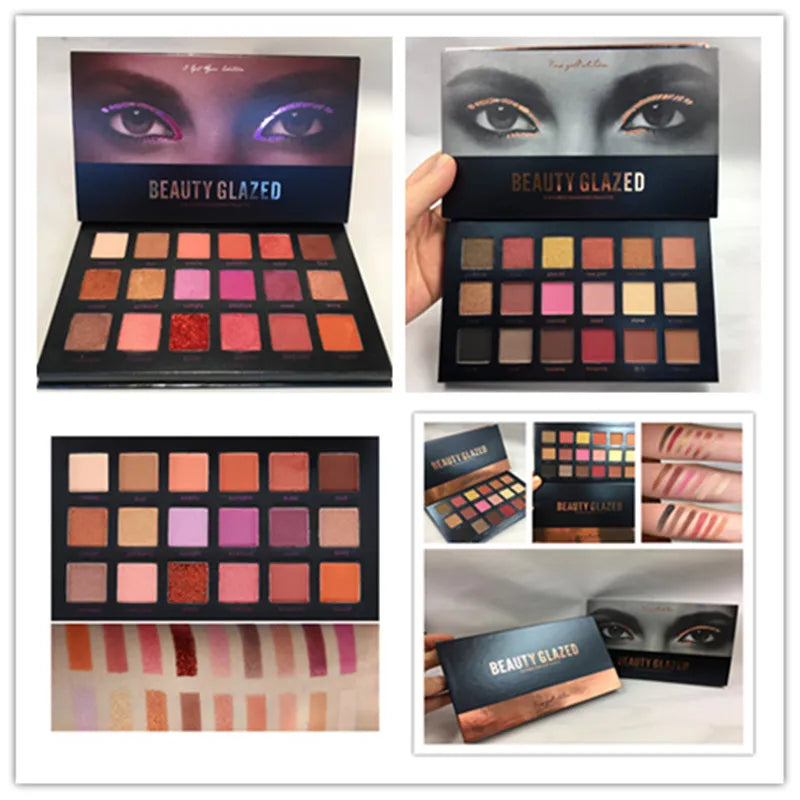 Front view of an 18-color eyeshadow palette showing rose gold and neutral shades