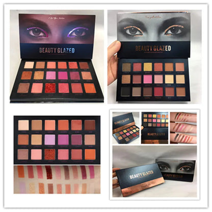 Front view of an 18-color eyeshadow palette showing rose gold and neutral shades