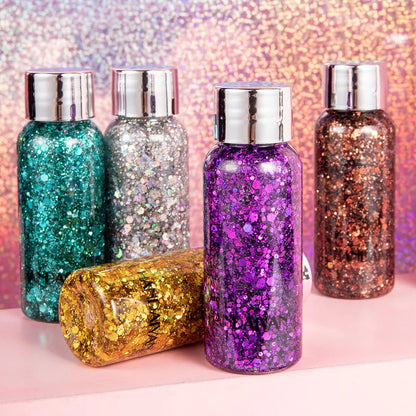Multipurpose glitter gel with laser sequins in eight color options displayed