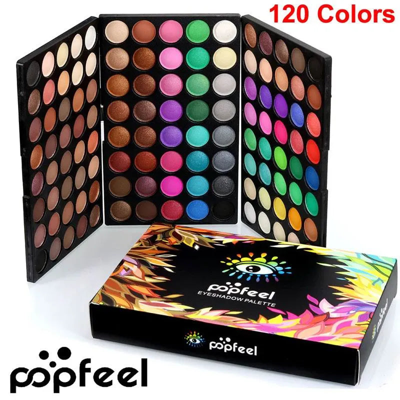 Open 120-color eyeshadow palette showing matte and shimmer shades