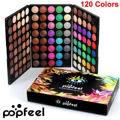 Open 120-color eyeshadow palette showing matte and shimmer shades