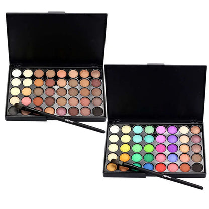 Close-up view of eyeshadow palette with glitter and matte shades