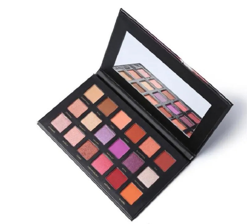 18-color eyeshadow palette showing rose gold and nude shades