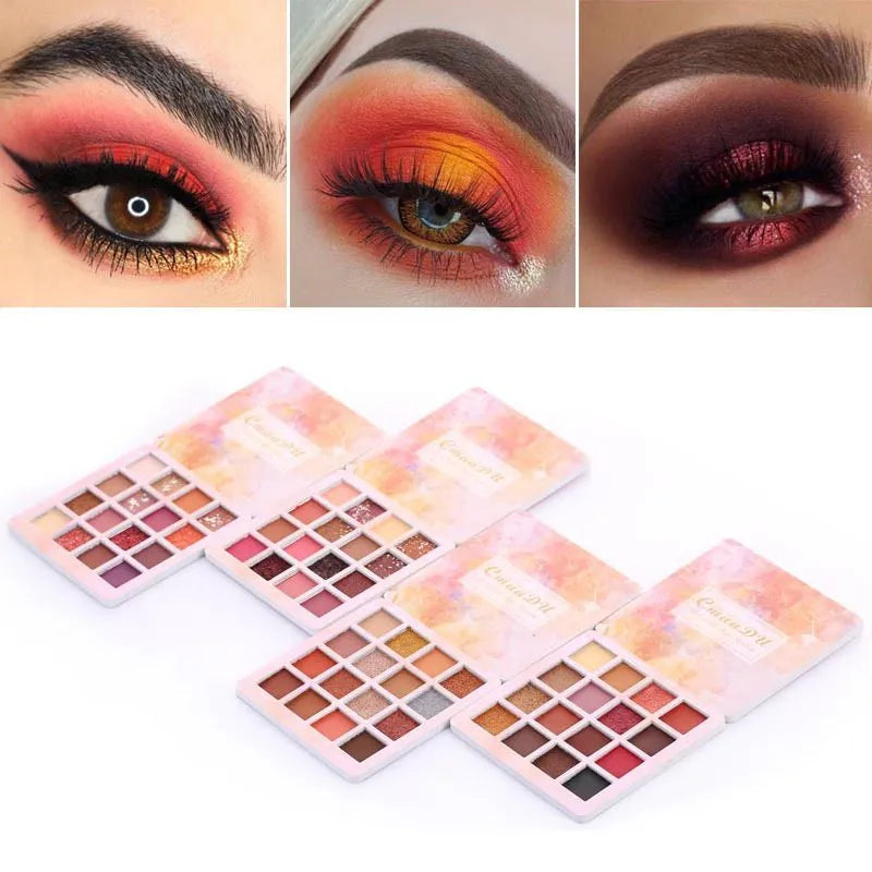16-color eyeshadow palette showing matte and glitter shades in open case
